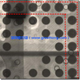BGA錫球尺寸小于0.4mm，采用降低BGA內(nèi)圍襲球的錫膏量所得到X-Ray，稍微留意一下可以發(fā)現(xiàn)最外圈的錫量(圓的直徑)比其他內(nèi)圍的錫球上的錫量來(lái)得多一點(diǎn)點(diǎn)。也就是外圈的黑色圓形直徑比內(nèi)圈的圓形來(lái)得大一點(diǎn)點(diǎn)。