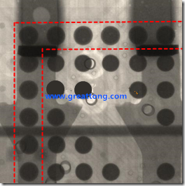 BGA錫球尺寸小于0.4mm，采用降低BGA內(nèi)圍襲球的錫膏量所得到X-Ray，稍微留意一下可以發(fā)現(xiàn)最外圈的錫量(圓的直徑)比其他內(nèi)圍的錫球上的錫量來(lái)得多一點(diǎn)點(diǎn)。也就是外圈的黑色圓形直徑比內(nèi)圈的圓形來(lái)得大一點(diǎn)點(diǎn)。
