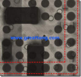 BGA錫球尺寸小于0.4mm，采用降低BGA內(nèi)圍襲球的錫膏量所得到X-Ray，稍微留意一下可以發(fā)現(xiàn)最外圈的錫量(圓的直徑)比其他內(nèi)圍的錫球上的錫量來(lái)得多一點(diǎn)點(diǎn)。也就是外圈的黑色圓形直徑比內(nèi)圈的圓形來(lái)得大一點(diǎn)點(diǎn)。