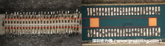 把板對板連接器與其電路板的佈線焊墊作一個比較，端子的切斷面有毛邊的地方剛好對到了裸銅區(qū)。