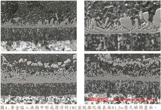 下面四張圖片為放大4500倍的SEM圖像，說明在回流焊爐熱量不足的情況下，黃金成份正要從鎳層分離融入焊錫之中的瞬間，當零件遭受外力沖擊的時候就極有可能從這一整排AuSn、、AuSn2或AuSn4的IMC處裂開。