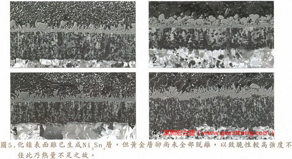 下面四圖顯示，當焊接的熱量不足或未持續(xù)時，雖然Ni3Sn4的薄薄IMC層已經(jīng)生成而焊牢，但也會因為AuSn及AuSn2還未來得及逸走，而停留在共金介面附近，當有外力拉扯的時候，就很容易斷裂開來。這就是為何ENIG的焊點強度，始終不如銅面焊點(Cu6Sn5)來得更為牢固的主因之一。