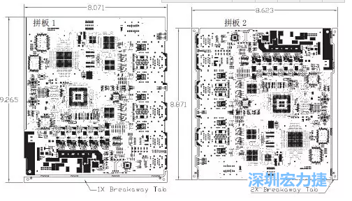 如圖7所示是使用不同數(shù)量邊條的拼板，拼板1僅使用了一個(gè)邊條，直接利用PCB另一邊作為SMT工藝傳送邊，并且PCB圖形中有合適的安裝孔；而拼板2則是按常規(guī)設(shè)計(jì)了兩個(gè)邊條。拼板方式為連接筋。圖中“Breakaway Tab”指邊條-深圳宏力捷