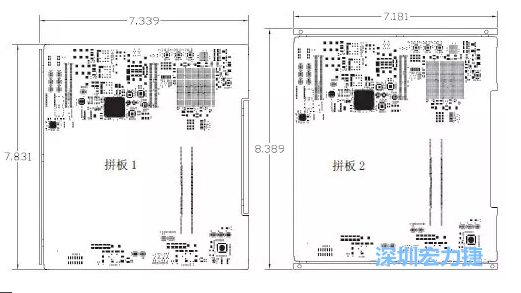 如圖11所示在兩種拼板中PCB單元的邊條位置不同，拼板1中邊條在長(zhǎng)邊方向，而拼板2中邊條在短邊方向-深圳宏力捷