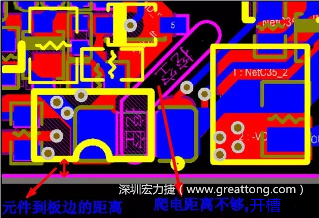 如果碰到模塊PCB空間有限，爬電距離不夠，可以采用開槽的方式
