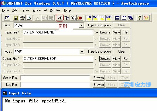 輸出文件類型(Type)選 EDIF。Output File 1 指定輸出文件的文件名和路徑。然后點擊 Run(跑動的小人)。