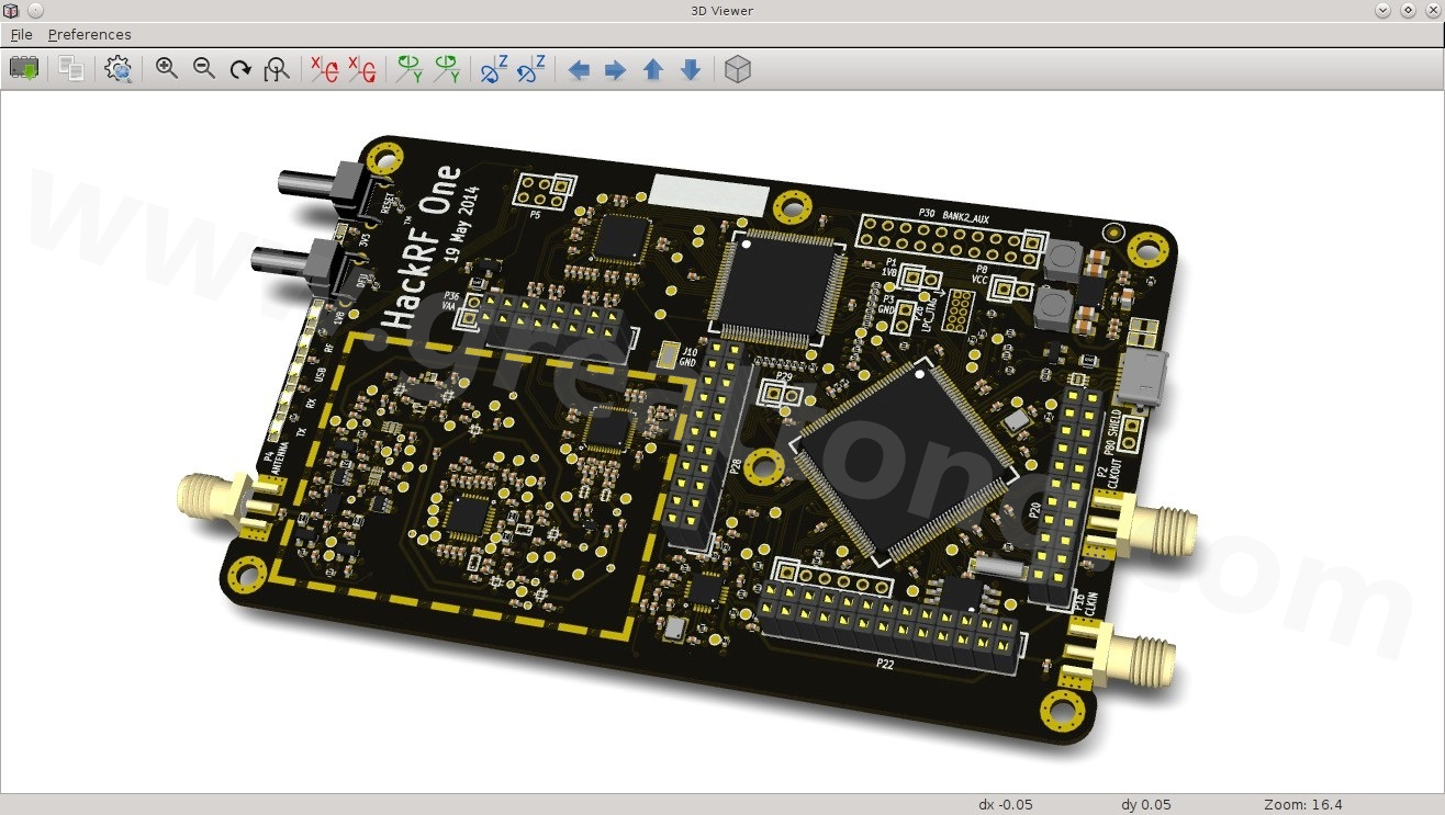 經(jīng)KiCad軟體3D功能渲染過的HackRF One電路板。