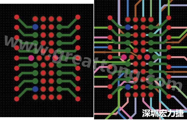 圖7：焊盤(pán)內(nèi)過(guò)孔用于內(nèi)部，而外部接腳在0.5mm閘格上扇出。圖7a顯示的是頂層(左)；圖7b顯示頂層和內(nèi)部布線層(右)。