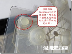 橡膠薄膜(membrane)的定位圓柱，可以用來(lái)塞入塑膠上的橢圓形孔洞，最為緊配的定位之用。