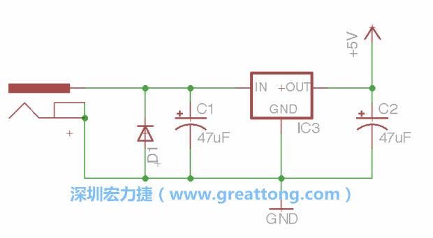 新增RBBB→Power_Jack，將它放在電壓調(diào)整器的輸入端旁邊。