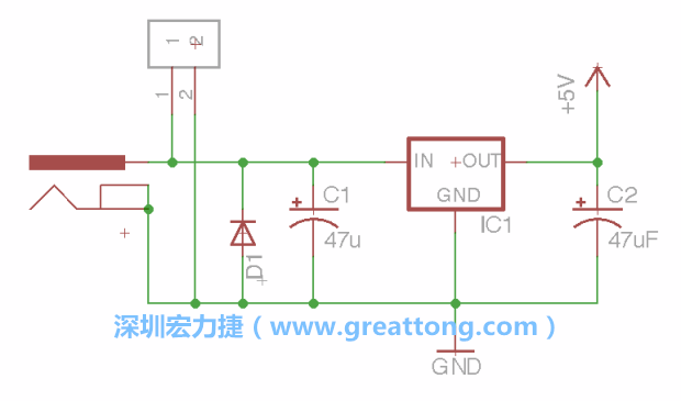 2.5.    新增一個二極體，它會以水平的狀態(tài)出現(xiàn)在屏幕上，請使用「旋轉(zhuǎn)（Rotate）」工具把它負(fù)極那一面朝上，并且用「網(wǎng)絡(luò)連接」工具將它連接在電壓調(diào)整器的輸入端和接地端之間。