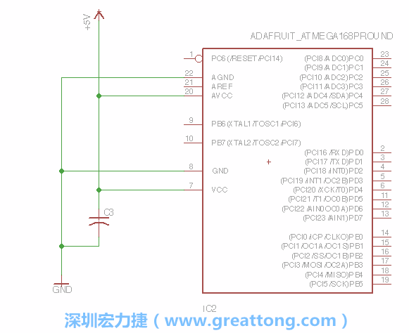 3.1.    新增微控制器晶片（RBBB → ATmega），把它放在電路原理圖的中央附近，把它的兩個接地接頭連接到接地訊號端。