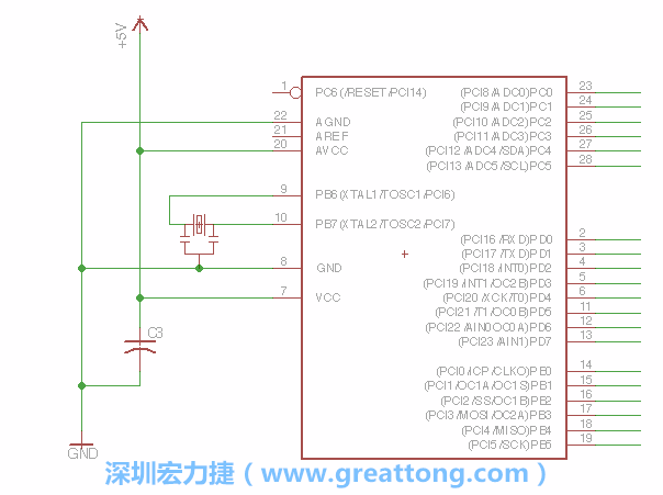 3.2.    在靠近ATmega的電源供應針腳7的位置放置一個0.1μF的電容，將它分別連接電源、接地端和針腳7。