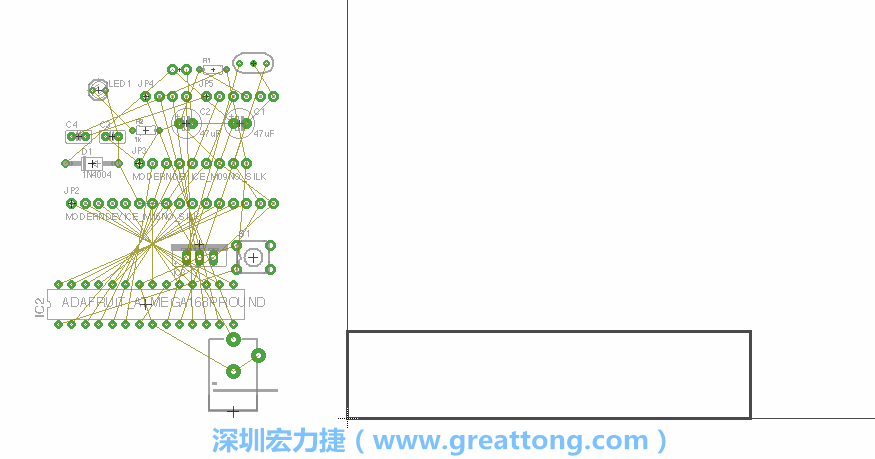 第一次執(zhí)行布線(xiàn)編輯器時(shí)，你會(huì)發(fā)現(xiàn)有兩個(gè)區(qū)塊，左邊的區(qū)塊非常混亂，而右邊的區(qū)塊則是一個(gè)長(zhǎng)方形的工作區(qū)域，EAGLE免費(fèi)版會(huì)限制你的工作區(qū)域在4” x 3.2”的范圍內(nèi)，如果你試圖將元件擺放在工作區(qū)外的話(huà)，就會(huì)跳出警示訊息。