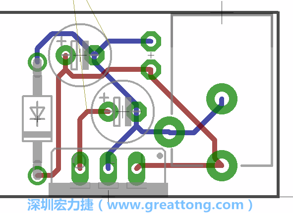 接地連結(jié)點(diǎn)的布線(xiàn)情形如下圖所示，利用這個(gè)練習(xí)來(lái)避免電路連線(xiàn)銳角化的產(chǎn)生是一個(gè)不錯(cuò)的選擇，你可以在工具列中的彎曲線(xiàn)路（Wire Bend）選項(xiàng)里改變各種布線(xiàn)的變化。