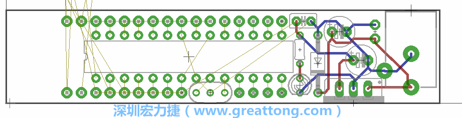 將ATmega微控制器、三個(gè)GPIO排針（JP2, JP3, JP4）和諧振器（resonator）排置如上圖所示。
