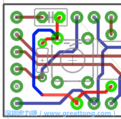 為了要?jiǎng)?chuàng)造一個(gè)電路通道，首先要先點(diǎn)擊重置開(kāi)關(guān)的連結(jié)點(diǎn)進(jìn)行布線(xiàn)，在電路板的背面繪制線(xiàn)路直到其它線(xiàn)路前的乾淨(jìng)區(qū)域。