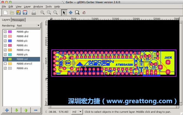 將圖層匯入你的Gerber預(yù)覽工具內(nèi)（下圖為Gerbv），我通常會從上到下重新排列它們的順序，好讓我比較好校對：