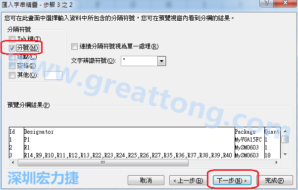 新增一個(gè)新的Excel文檔，[資料]匯入[從文字檔]，然后選擇剛產(chǎn)生的BOM (.csv)檔案，并以"分號(hào)"作為分隔符號(hào)。