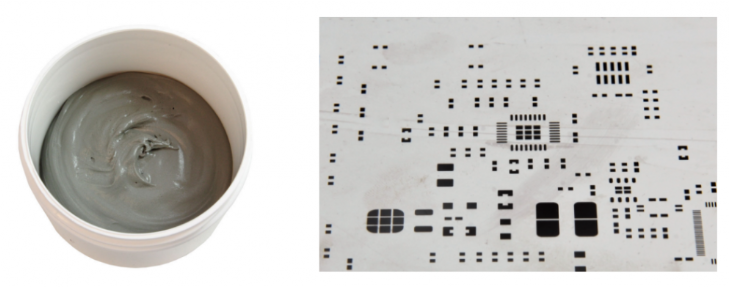 焊膏（左），PCB模板激光切割孔（右）